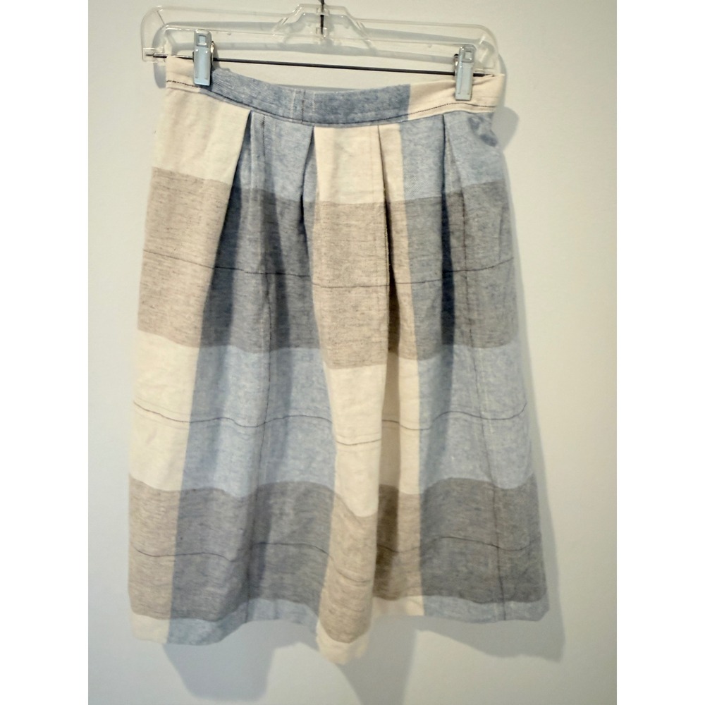 Vintage 70s Blue Plaid Wool Blend Pleated Midi Skirt